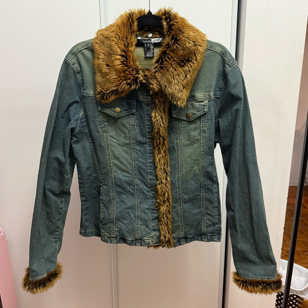 KENZIE JEANS Denim Jacket with Faux Fur Trim